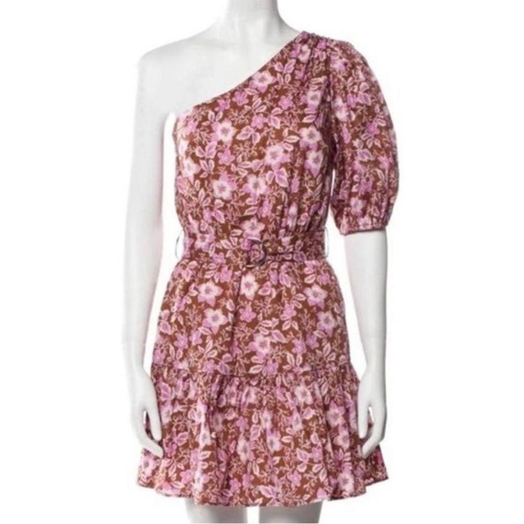 NWT Jason Wu One-shoulder A-line Floral Puff-sleeve Mini Dress, Pink/Brown, S - Picture 12 of 13